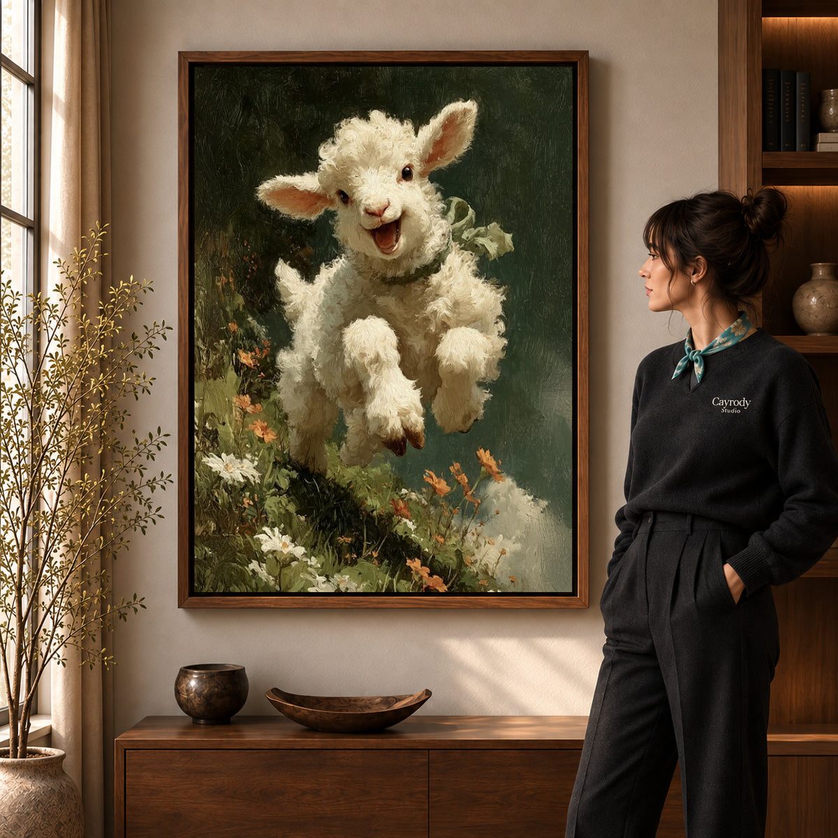 joyful meadow lamb canvas art shown in the walnut frame option within a warm living room.