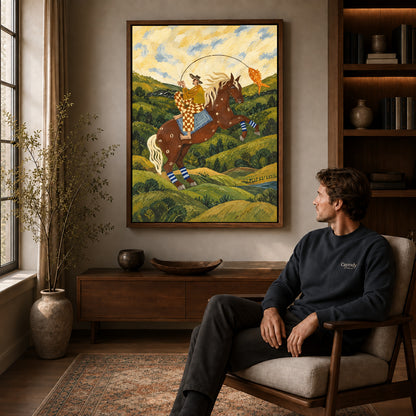 horseback fishing canvas art in a walnut frame above a console beside a seated man.