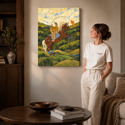 horseback fishing canvas art on gallery-wrapped canvas with natural edge shading beside a standing woman.