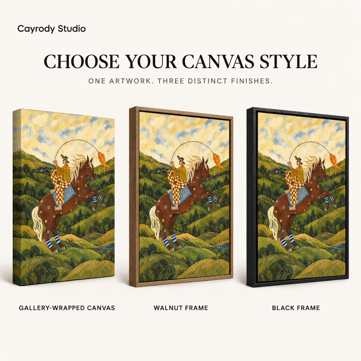 horseback fishing canvas art compared across gallery-wrapped canvas, walnut frame, and black frame finishes.