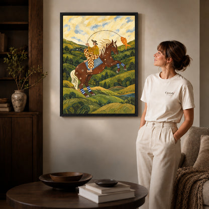 horseback fishing canvas art shown in the black frame option against a softly lit wall.