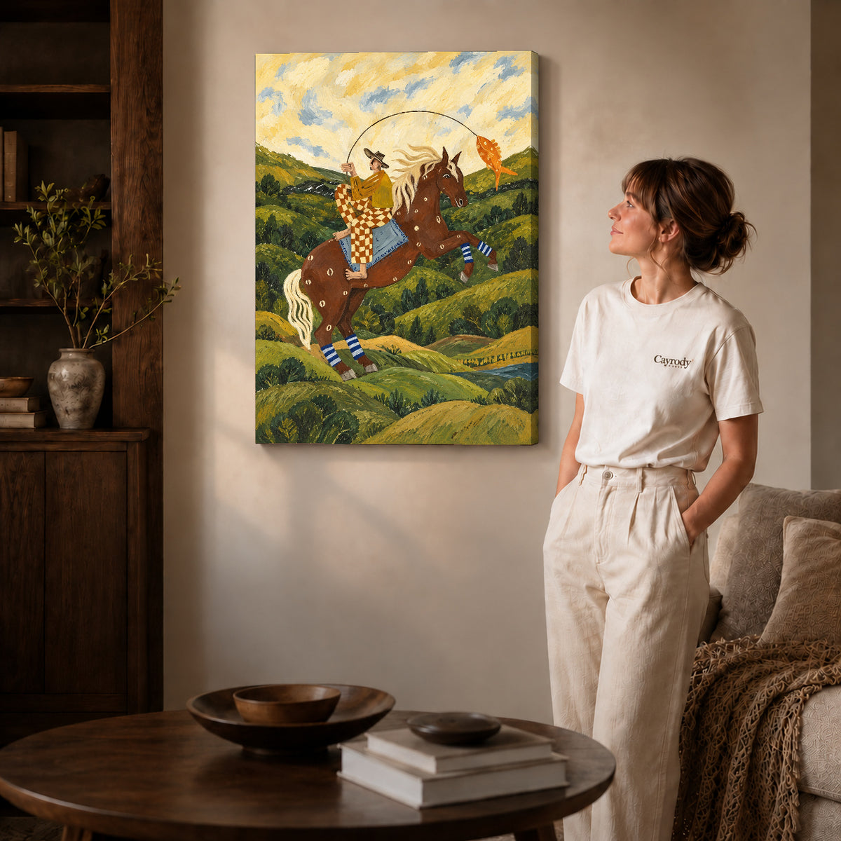 horseback fishing canvas art shown in the gallery-wrapped option with visible depth and warm surroundings.
