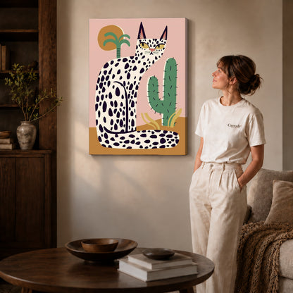 spotted desert cat canvas art on gallery-wrapped canvas with natural edge shading beside a standing woman.