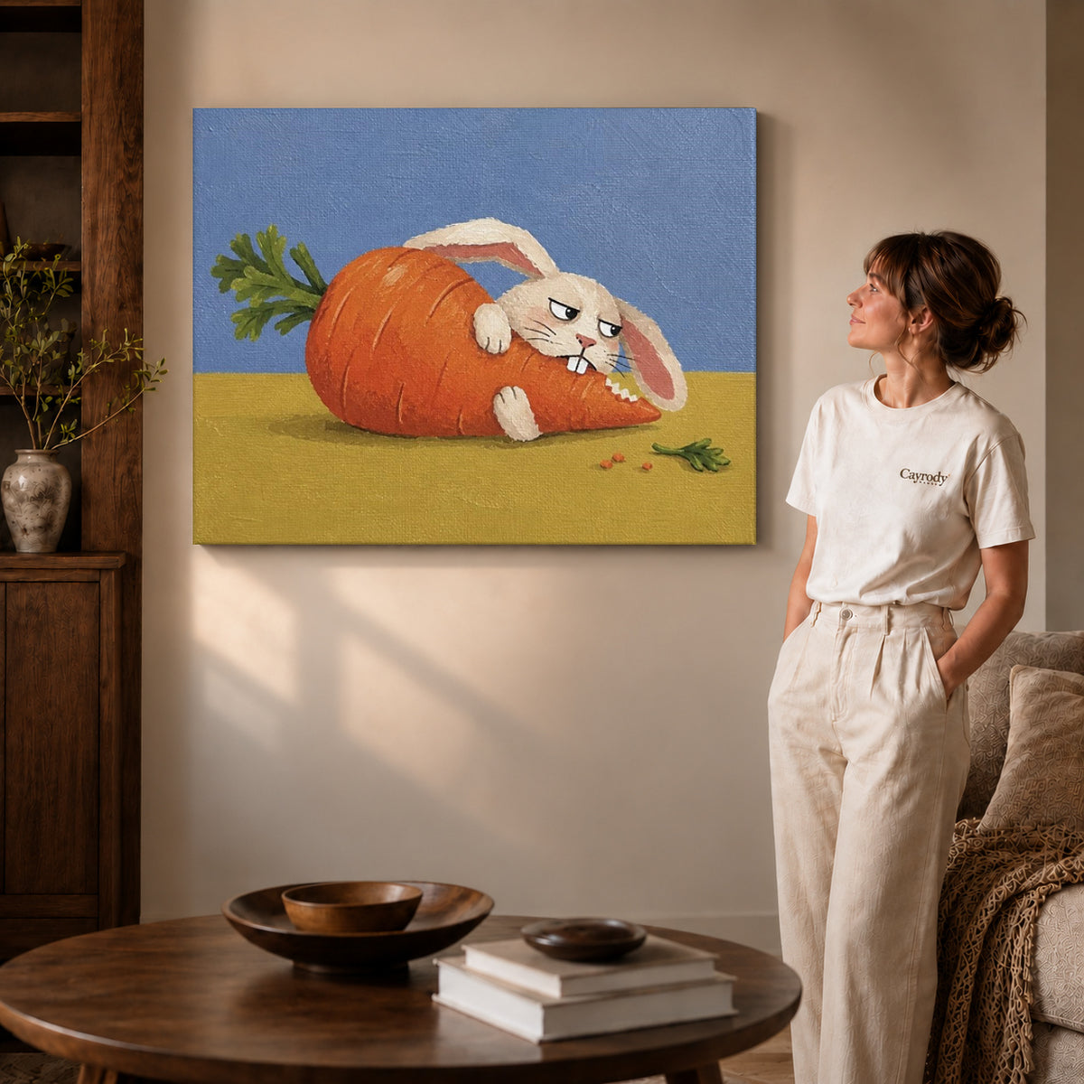 carrot hideaway rabbit canvas art on gallery-wrapped canvas with visible edge depth beside a standing woman.