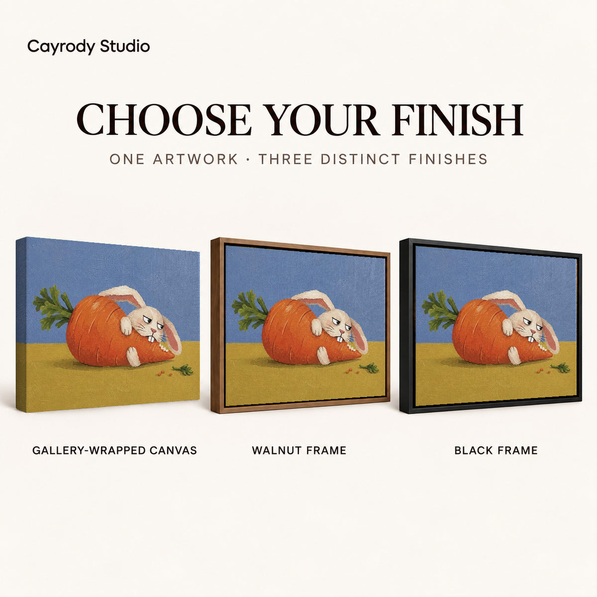 carrot hideaway rabbit canvas art compared across gallery-wrapped canvas, walnut frame, and black frame finishes.