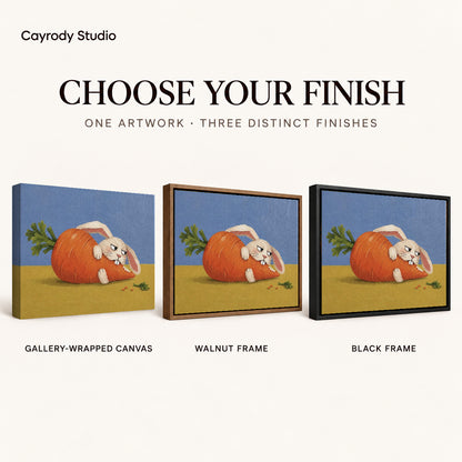 carrot hideaway rabbit canvas art compared across gallery-wrapped canvas, walnut frame, and black frame finishes.