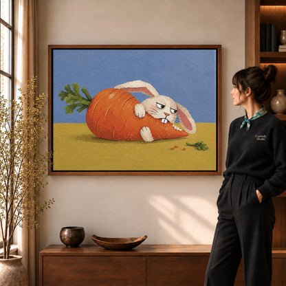 carrot hideaway rabbit canvas art shown in the walnut frame option within a warm living room.