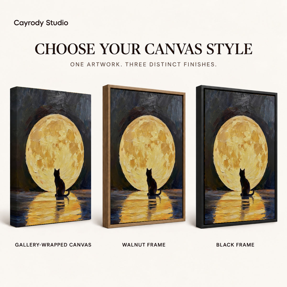 golden moon cat canvas art compared across gallery-wrapped canvas, walnut frame, and black frame finishes.