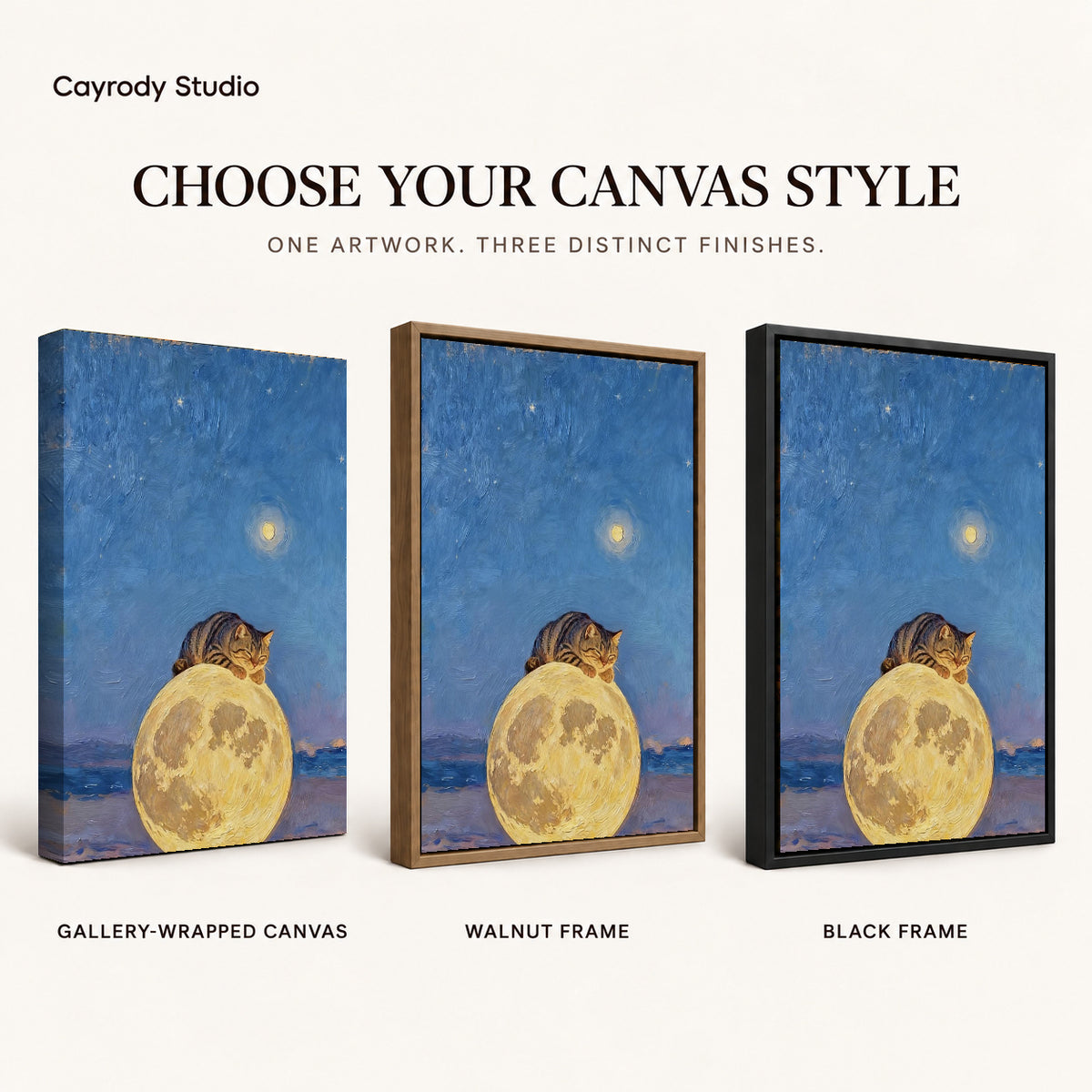moon pillow cat canvas art compared across gallery-wrapped canvas, walnut frame, and black frame finishes.