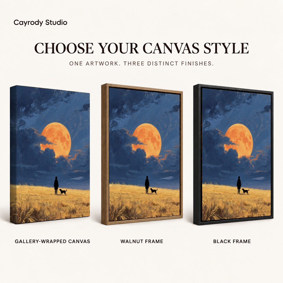 moonlit field companions canvas art compared across gallery-wrapped canvas, walnut frame, and black frame finishes.