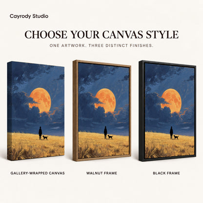 moonlit field companions canvas art compared across gallery-wrapped canvas, walnut frame, and black frame finishes.