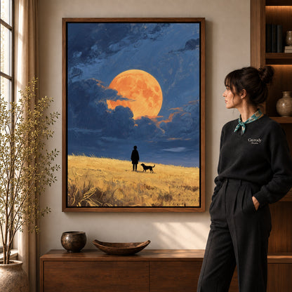 moonlit field companions canvas art shown in the walnut frame option within a warm living room.