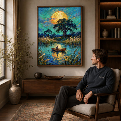 moonlit pond journey canvas art in a walnut frame above a console beside a seated man.