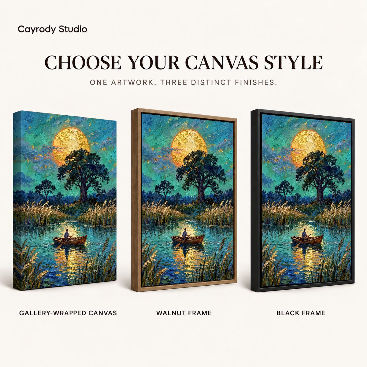 moonlit pond journey canvas art compared across gallery-wrapped canvas, walnut frame, and black frame finishes.