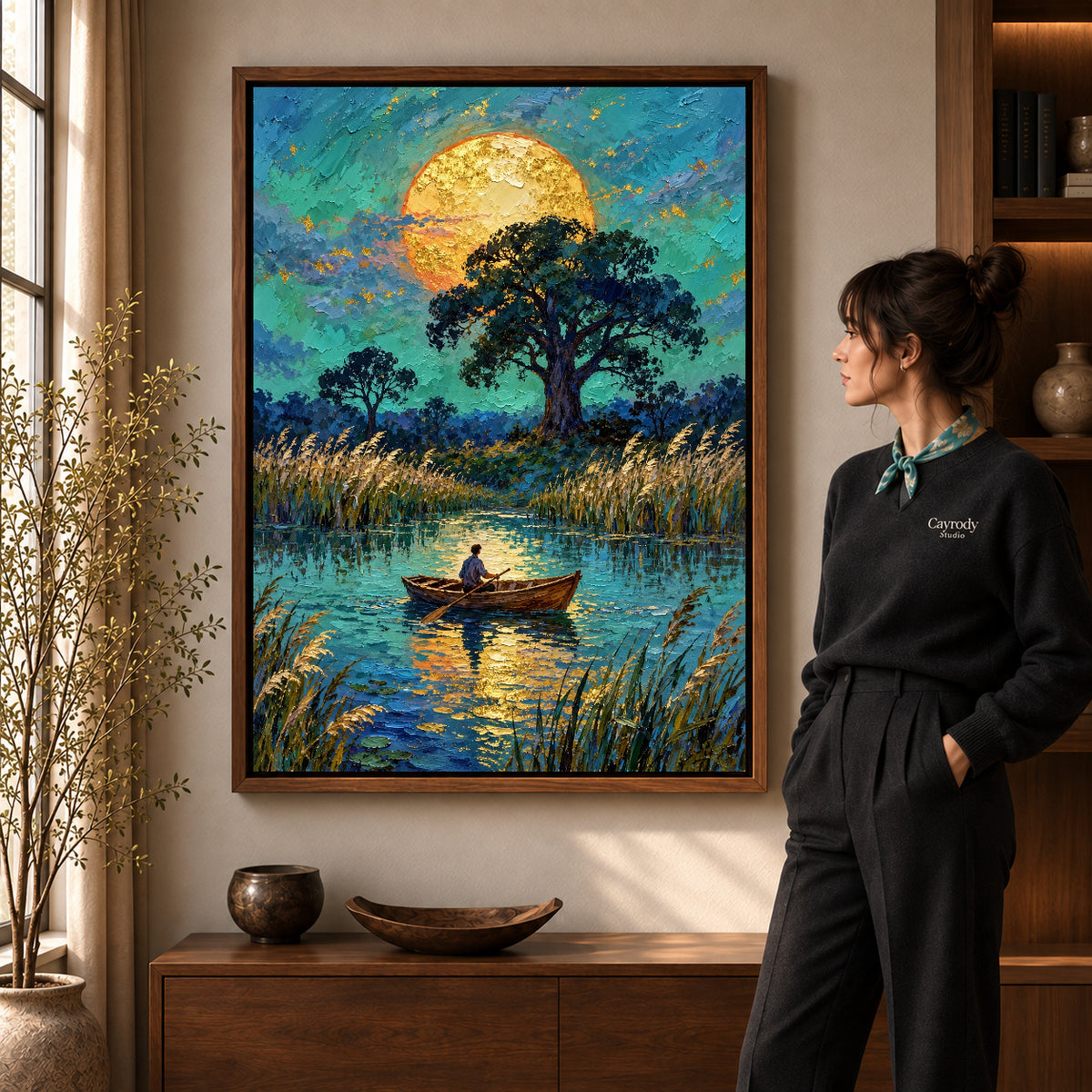 moonlit pond journey canvas art shown in the walnut frame option within a warm living room.