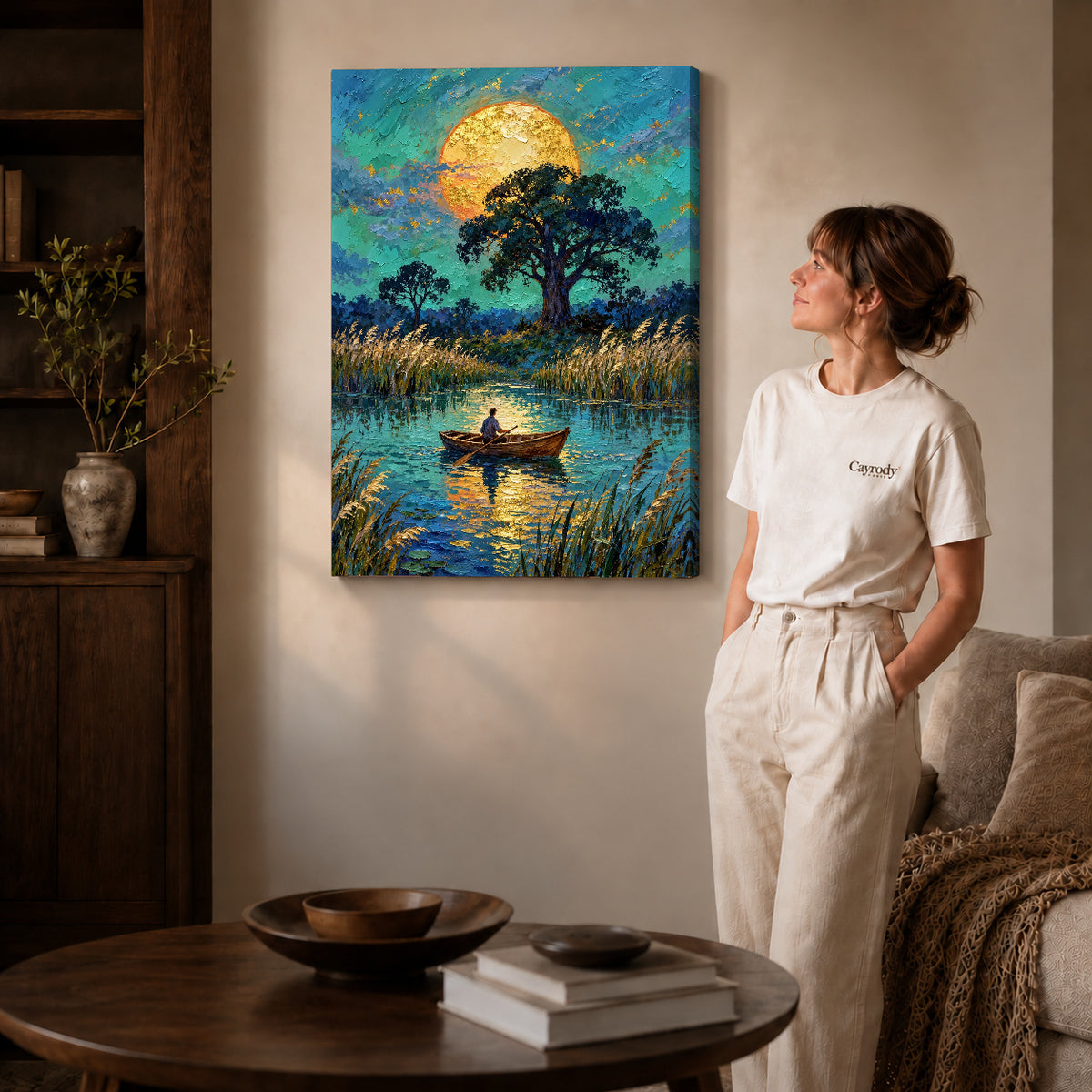 moonlit pond journey canvas art shown in the gallery-wrapped option with visible depth and warm surroundings.