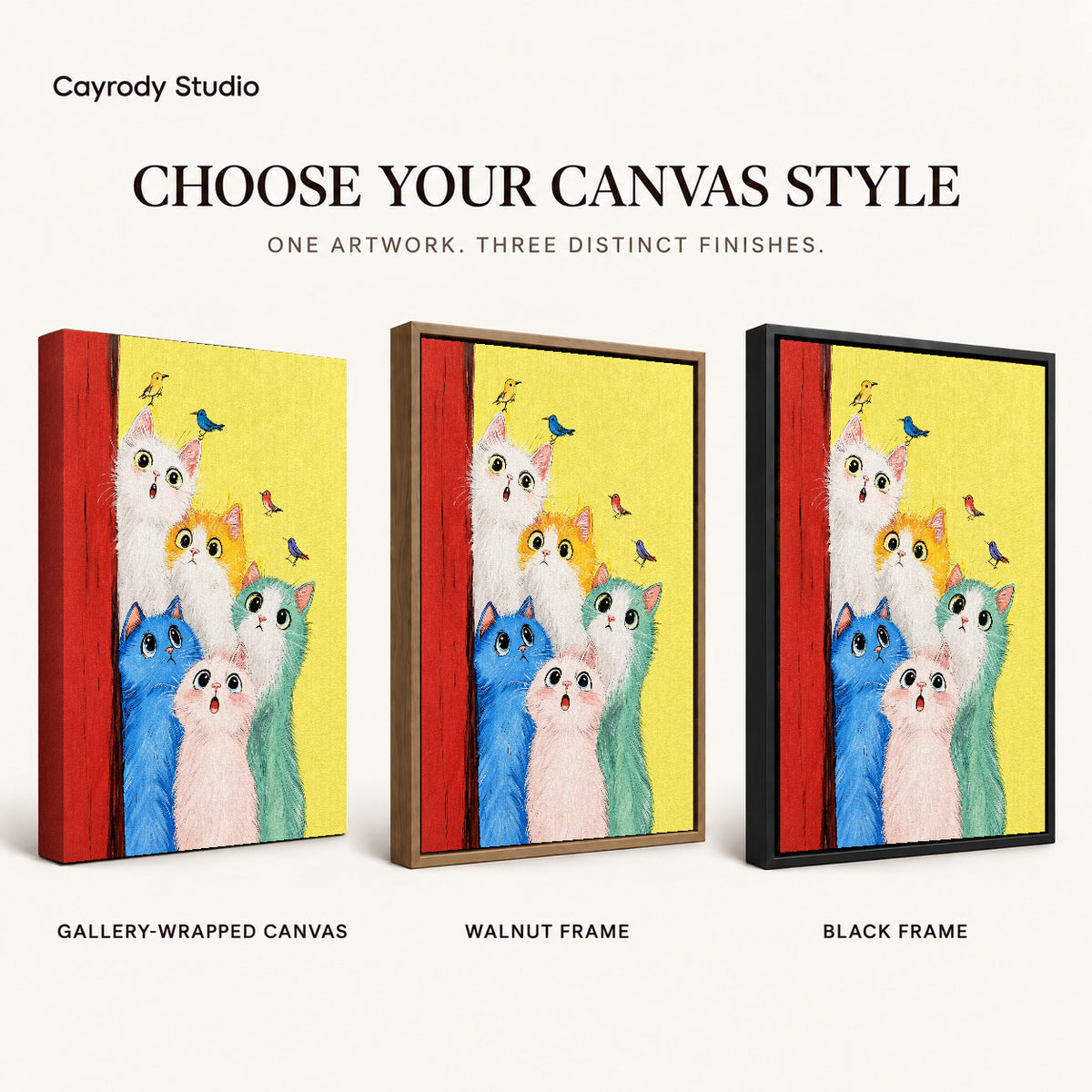 colorful cat chorus canvas art compared across gallery-wrapped canvas, walnut frame, and black frame finishes.