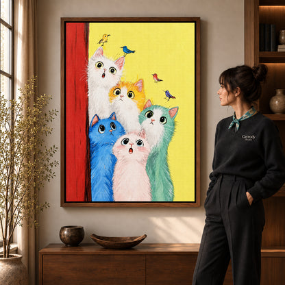 colorful cat chorus canvas art shown in the walnut frame option within a warm living room.