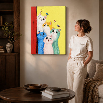colorful cat chorus canvas art shown in the gallery-wrapped option with visible depth and warm surroundings.