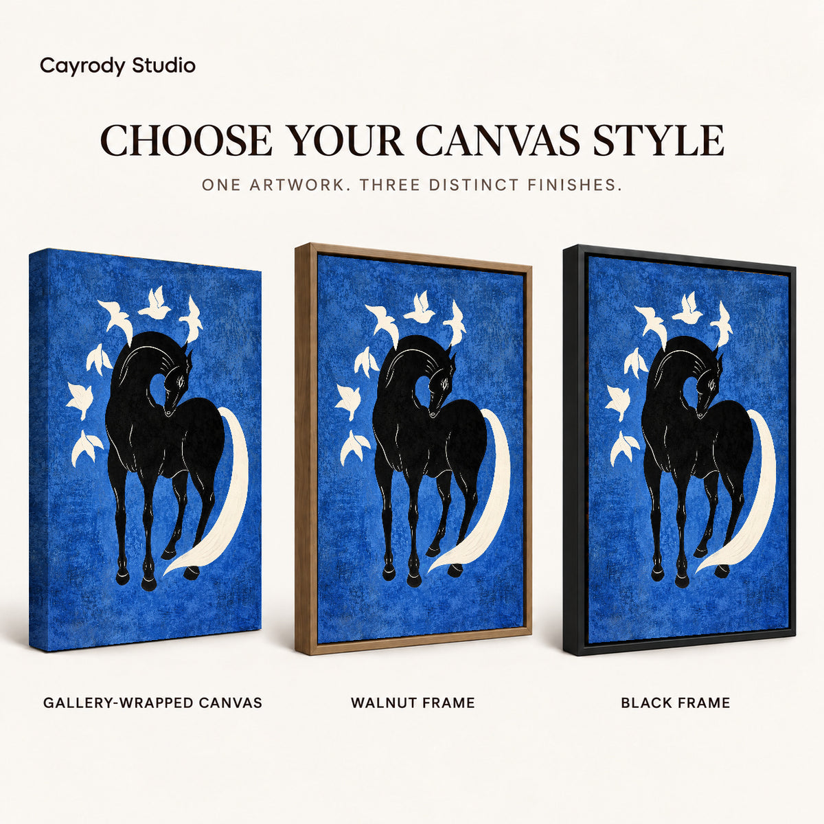 horse bird harmony canvas art compared across gallery-wrapped canvas, walnut frame, and black frame finishes.