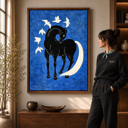 horse bird harmony canvas art shown in the walnut frame option within a warm living room.