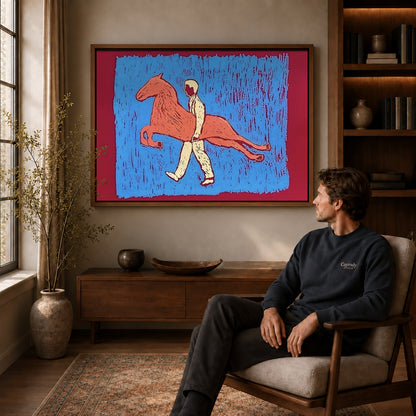 carrying my horse canvas art in a walnut frame above a console beside a seated man.