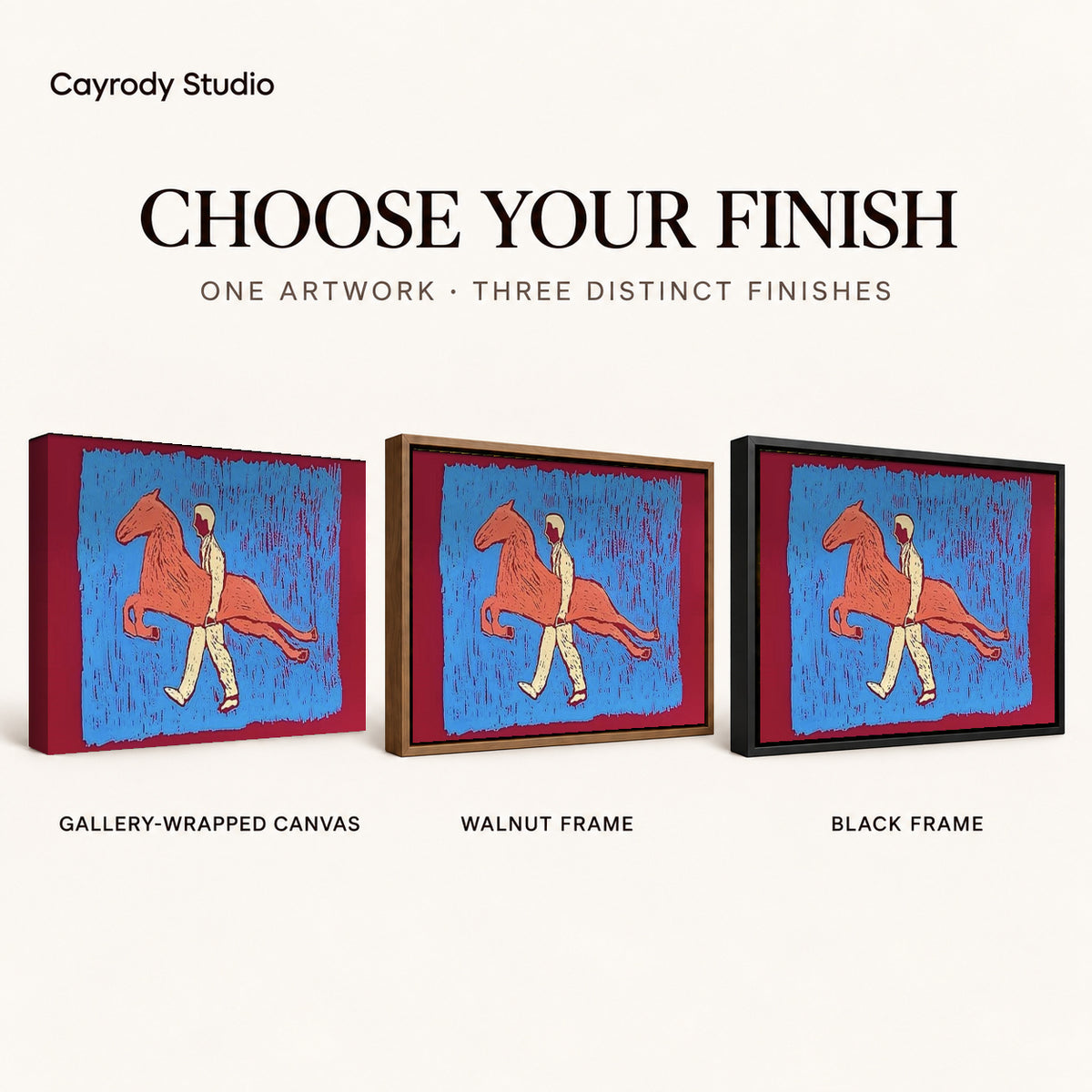 carrying my horse canvas art compared across gallery-wrapped canvas, walnut frame, and black frame finishes.