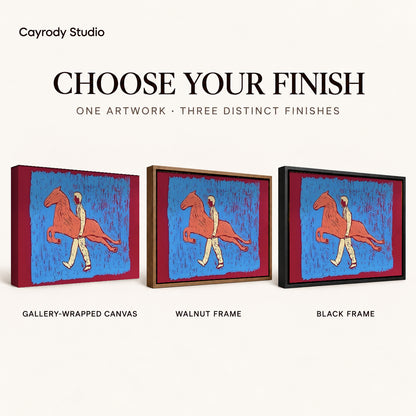 carrying my horse canvas art compared across gallery-wrapped canvas, walnut frame, and black frame finishes.