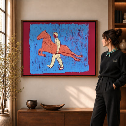 carrying my horse canvas art shown in the walnut frame option within a warm living room.