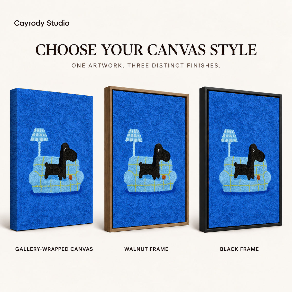 cozy plaid companion canvas art compared across gallery-wrapped canvas, walnut frame, and black frame finishes.