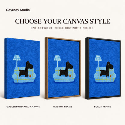 cozy plaid companion canvas art compared across gallery-wrapped canvas, walnut frame, and black frame finishes.