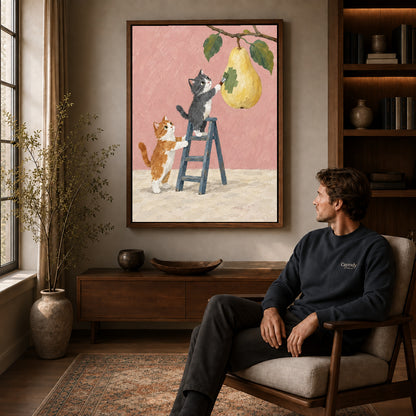 little pear painters canvas art in a walnut frame above a console beside a seated man.