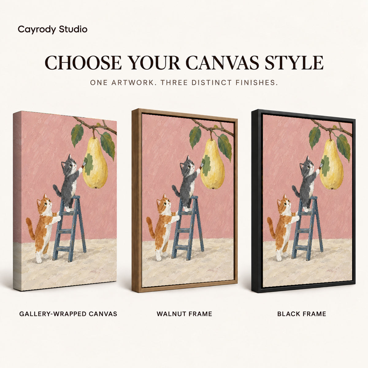 little pear painters canvas art compared across gallery-wrapped canvas, walnut frame, and black frame finishes.