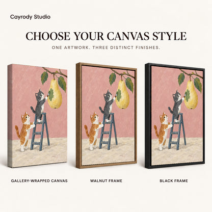 little pear painters canvas art compared across gallery-wrapped canvas, walnut frame, and black frame finishes.