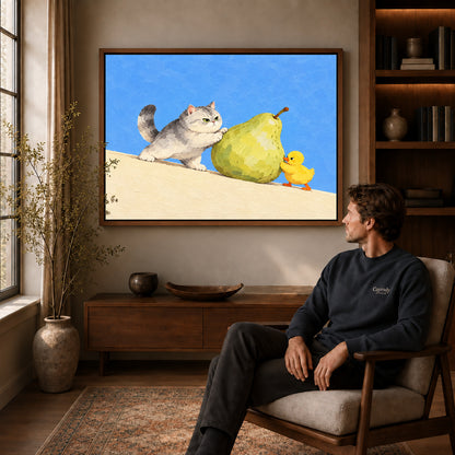 pear push partners canvas art in a walnut frame above a console beside a seated man.