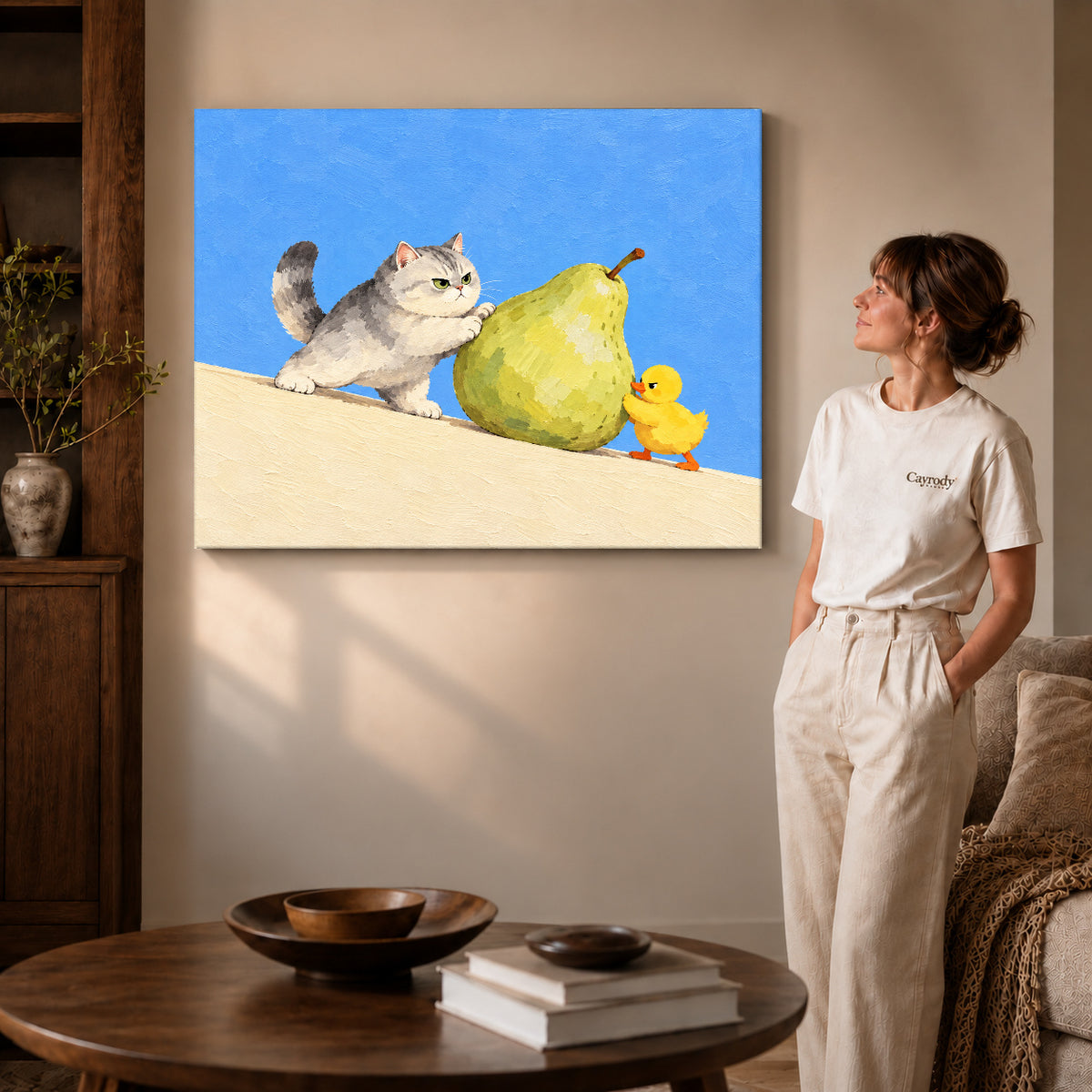 pear push partners canvas art on gallery-wrapped canvas with visible edge depth beside a standing woman.