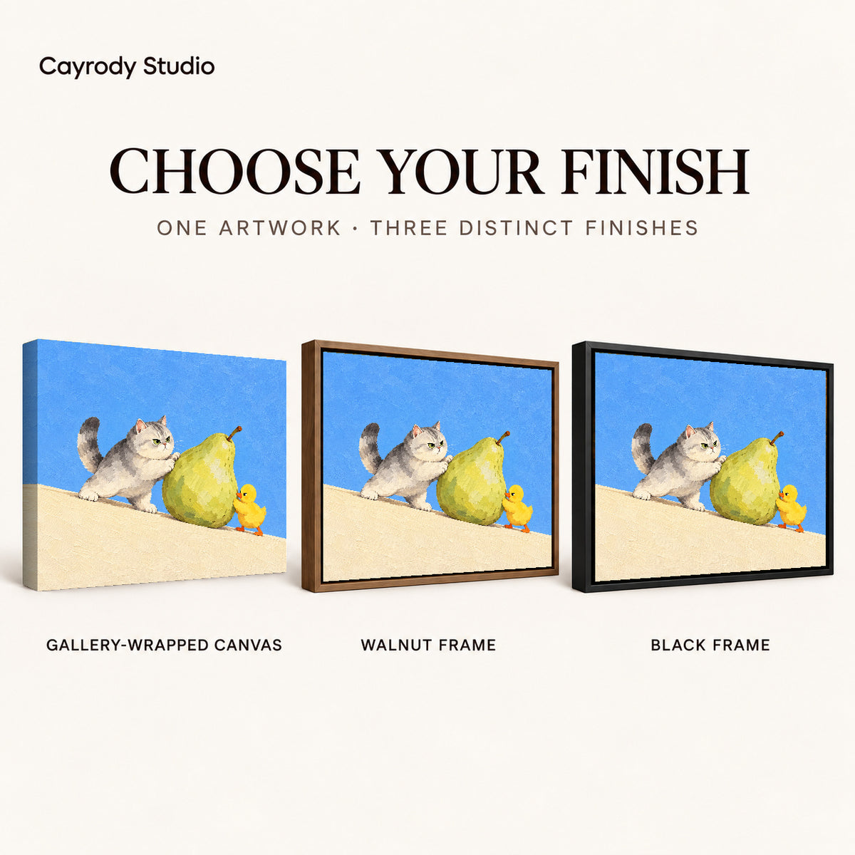 pear push partners canvas art compared across gallery-wrapped canvas, walnut frame, and black frame finishes.