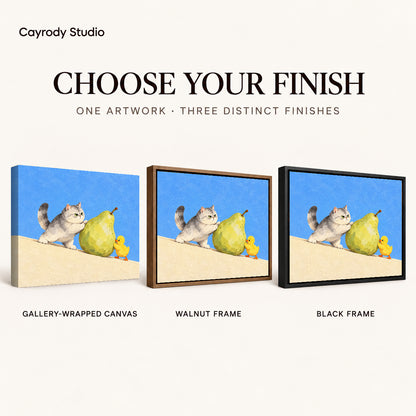 pear push partners canvas art compared across gallery-wrapped canvas, walnut frame, and black frame finishes.