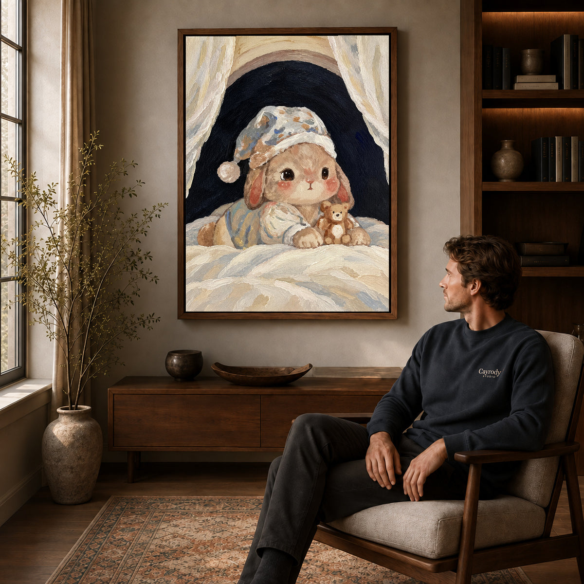 sleepy rabbit retreat canvas art in a walnut frame above a console beside a seated man.