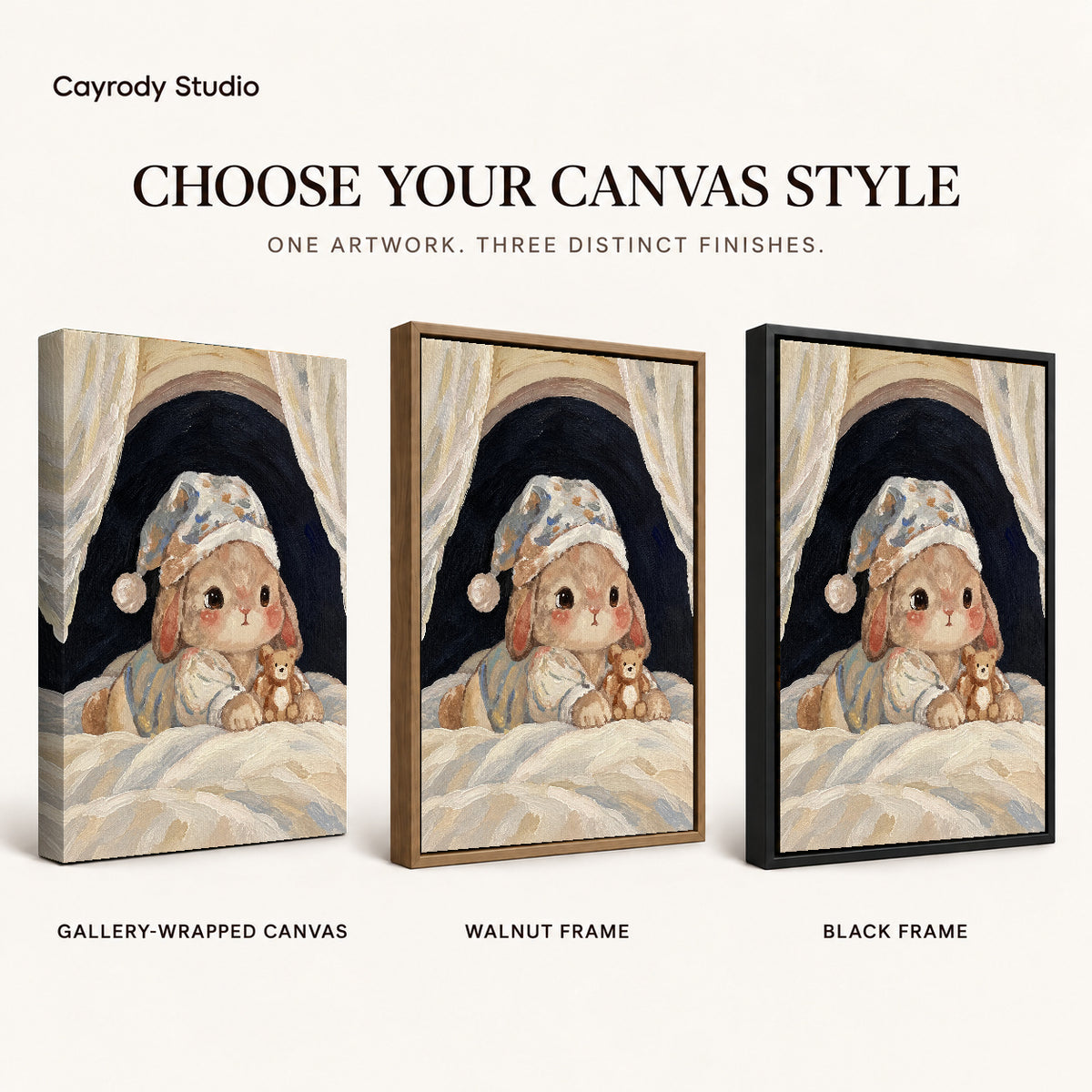 sleepy rabbit retreat canvas art compared across gallery-wrapped canvas, walnut frame, and black frame finishes.
