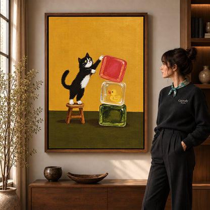 cat block balance canvas art in a walnut frame beside a standing woman and wooden console.