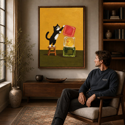 cat block balance canvas art in a walnut frame above a console beside a seated man.