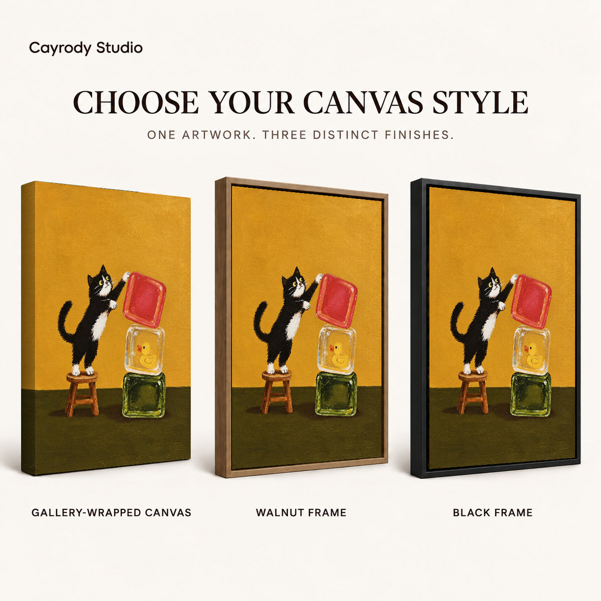 cat block balance canvas art compared across gallery-wrapped canvas, walnut frame, and black frame finishes.