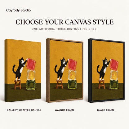 cat block balance canvas art compared across gallery-wrapped canvas, walnut frame, and black frame finishes.