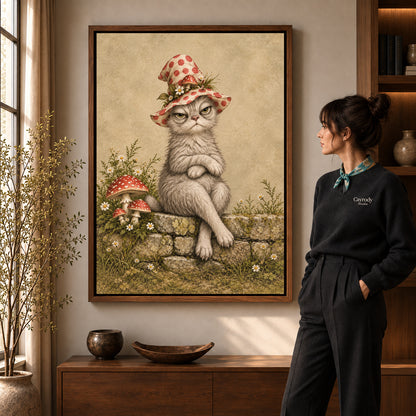 grumpy garden witch canvas art in a walnut frame beside a standing woman and wooden console.