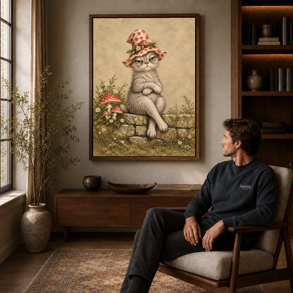 grumpy garden witch canvas art in a walnut frame above a console beside a seated man.