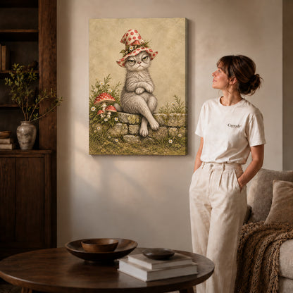 grumpy garden witch canvas art on gallery-wrapped canvas with natural edge shading beside a standing woman.