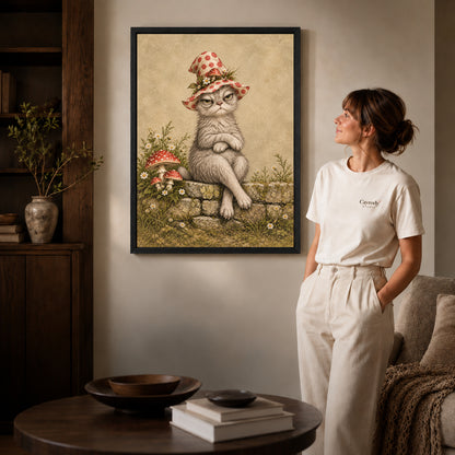 grumpy garden witch canvas art in a black frame beside a woman and round wooden table.