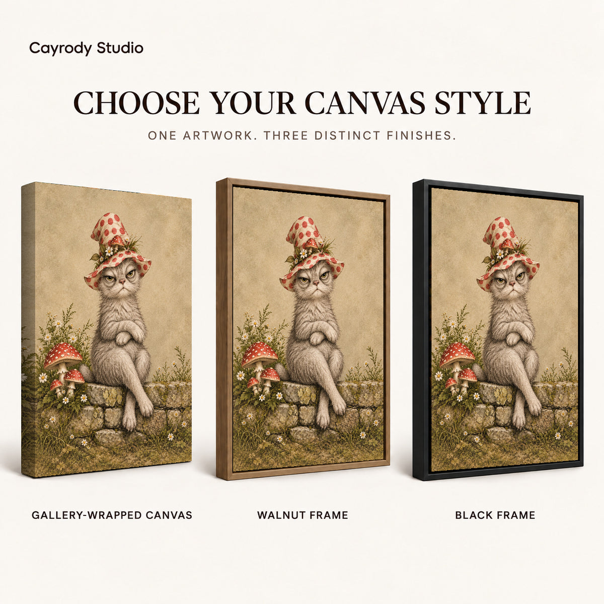 grumpy garden witch canvas art compared across gallery-wrapped canvas, walnut frame, and black frame finishes.