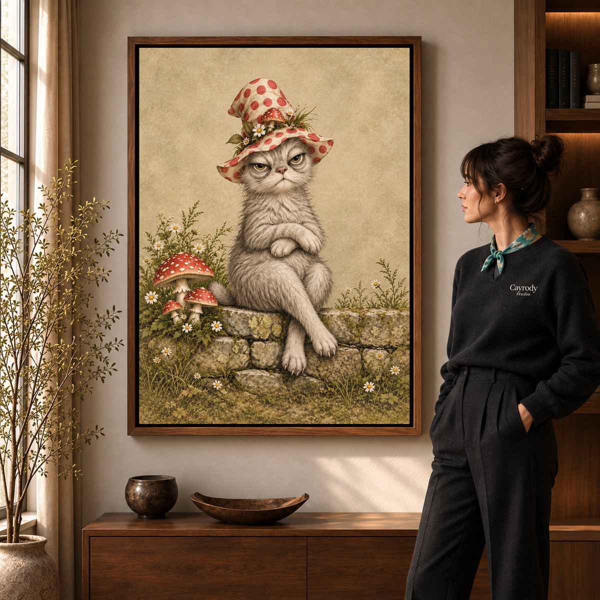grumpy garden witch canvas art shown in the walnut frame option within a warm living room.